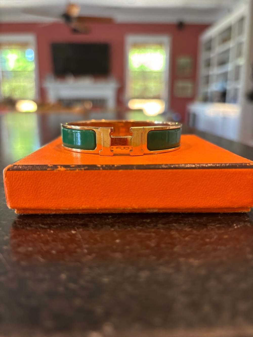 Hermes Green Enamel Clic H Bracelet with Gold Hardware